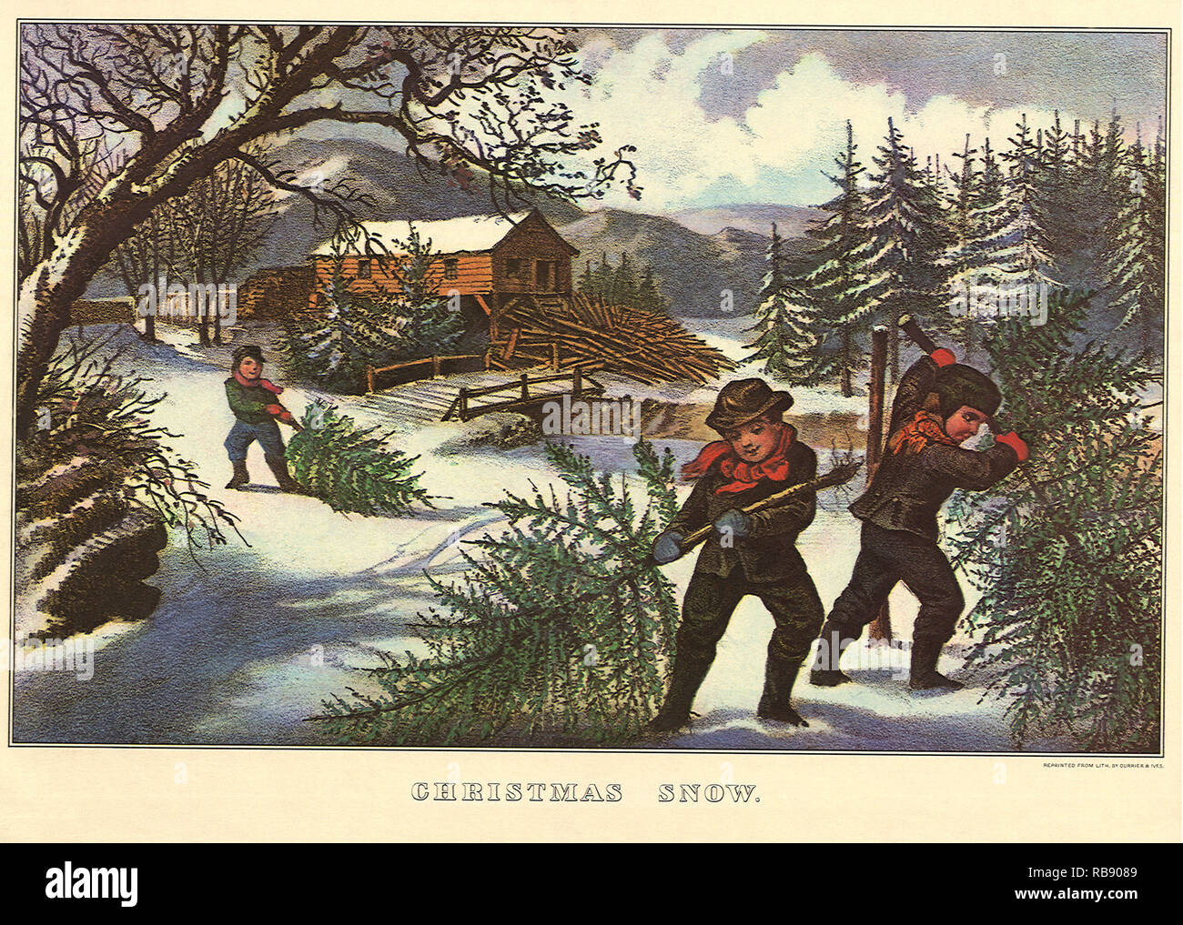 Enfants avec des pins de Noël dans la neige Banque D'Images