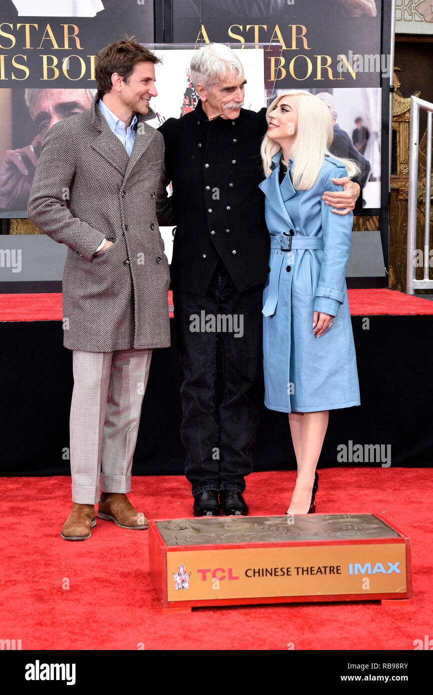 Bradley Cooper, Sam Elliott et Lady Gaga assister à l'Théâtre chinois de Grauman héberge Sam Elliott Part et cérémonie empreinte de théâtre chinois de Grauman le 7 janvier 2019 à Hollywood, Californie. Banque D'Images