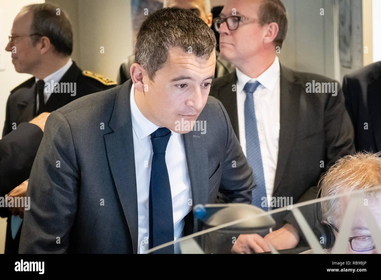 Lyon, France. 8 janvier 2019. Gérald Darmanin, Ministre de l'action et des comptes publics, visite un centre d'appel de Lyon public finance Credit : FRANCK CHAPOLARD/Alamy Live News Banque D'Images