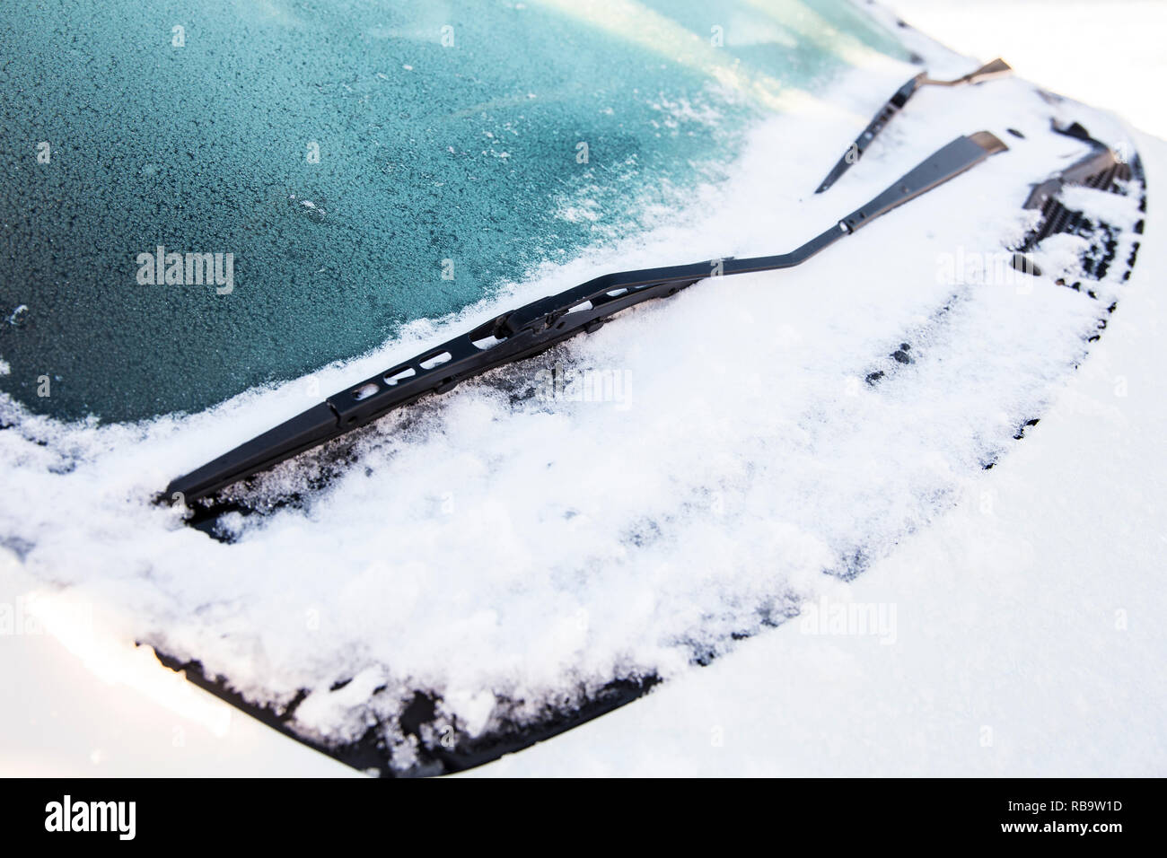 Vue rapprochée d'une voiture ou d'essuie-glaces essuie-sorcière sont gelés et coincé dans la neige et la glace à l'extérieur en hiver. Banque D'Images