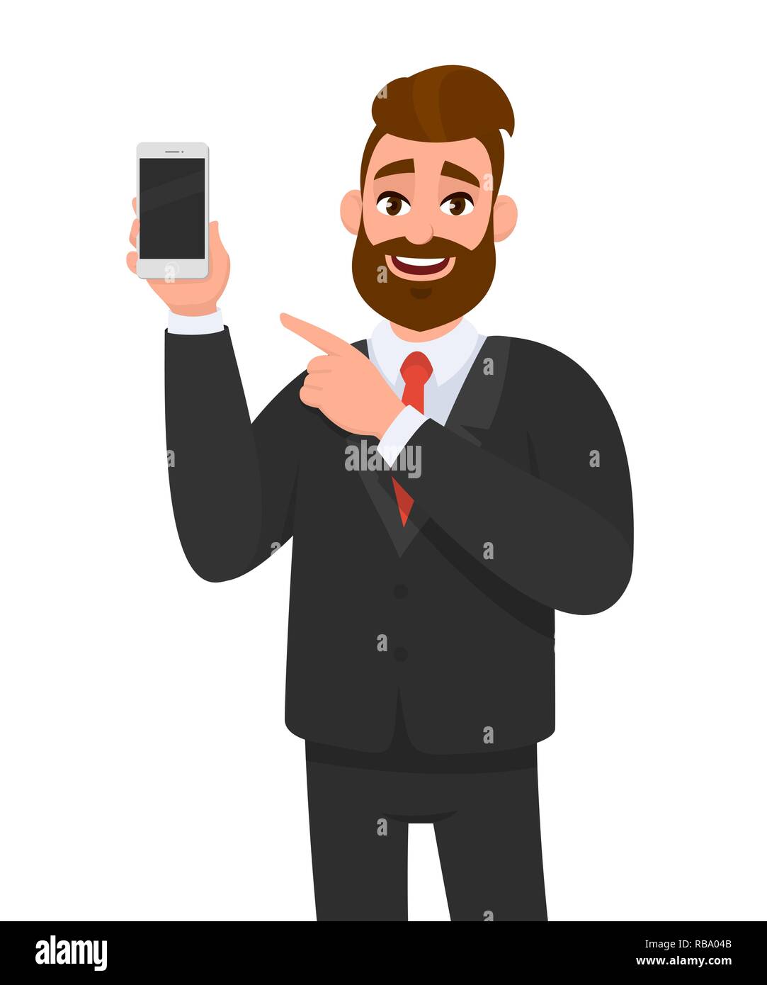 Homme d'affaires barbu attrayant tenant/montrant un smartphone/téléphone portable/téléphone portable flambant neuf en main et pointant l'index vers. Émotion humaine Illustration de Vecteur