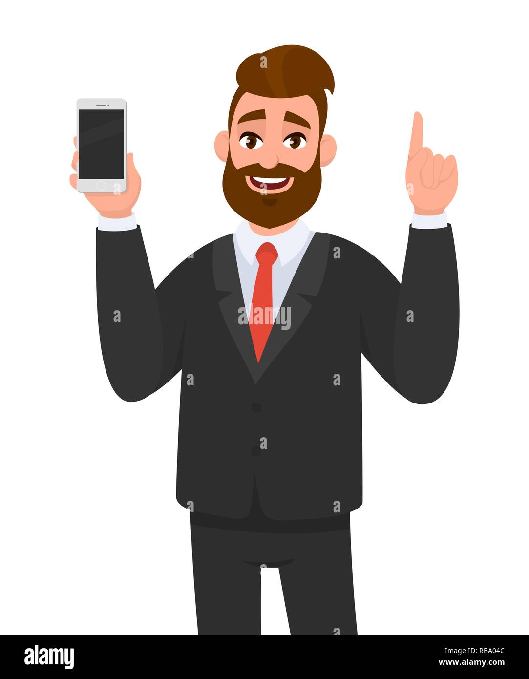 Handsome businessman holding/montrant tout nouveau smartphone/téléphone portable dans la main et en pointant l'index à l'envers. L'émotion humaine et le langage du corps Illustration de Vecteur