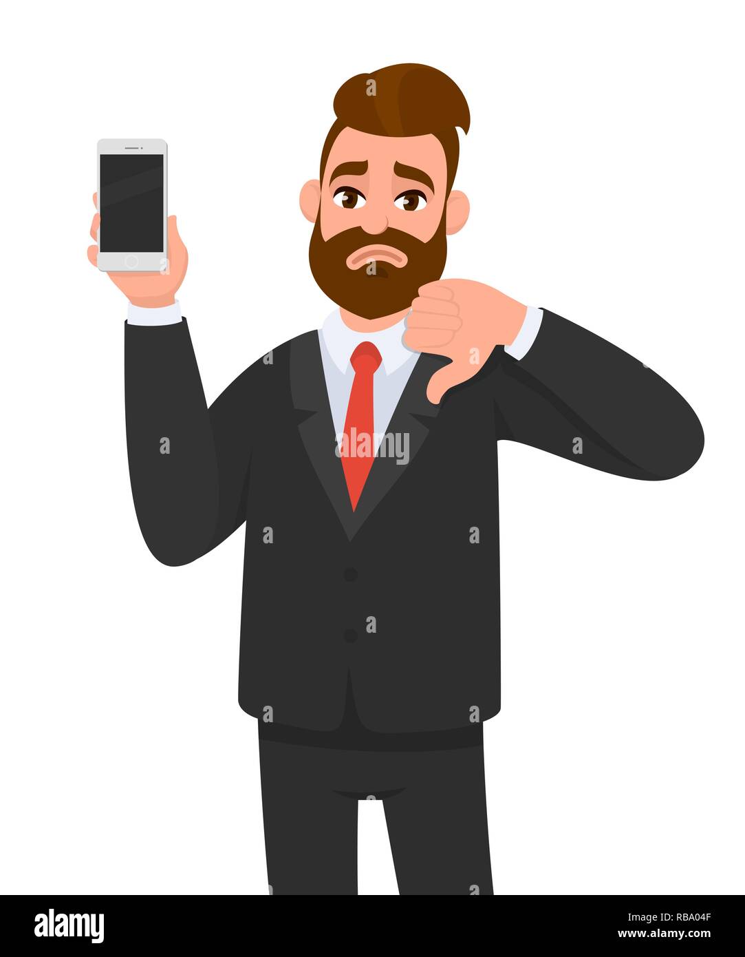 Homme d'affaires malheureux tenant/montrant un nouveau smartphone, mobile, téléphone portable en main et signe de pouce vers le bas de gestuelle. Émotion humaine et langage corporel Illustration de Vecteur