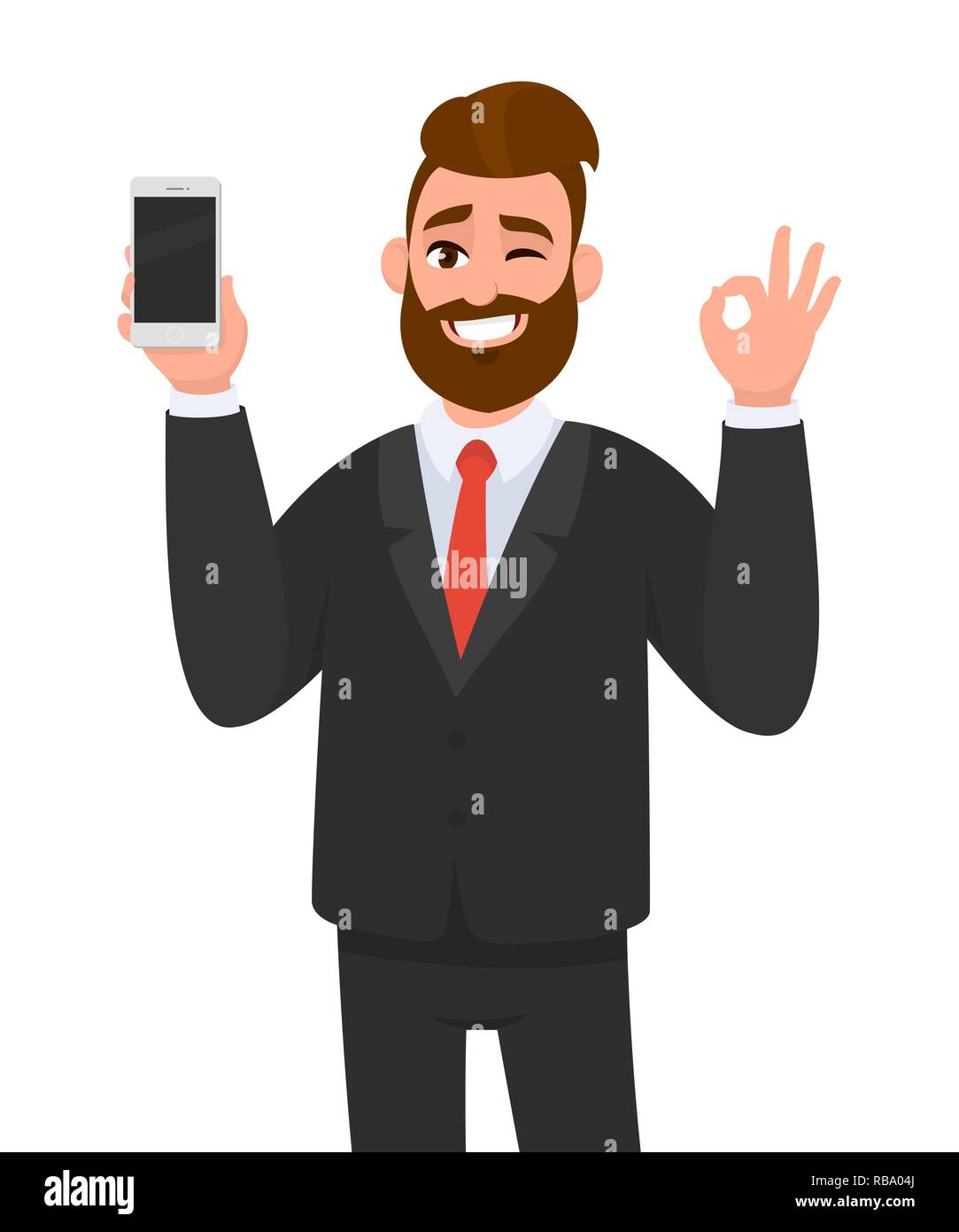Bon homme d'affaires réussi montrant smartphone, mobile, téléphone cellulaire en main et gestuelle OK ou signe OK tout en se faisant un clin d'œil. Bon, bonne affaire, d'accord, d'approbation Illustration de Vecteur