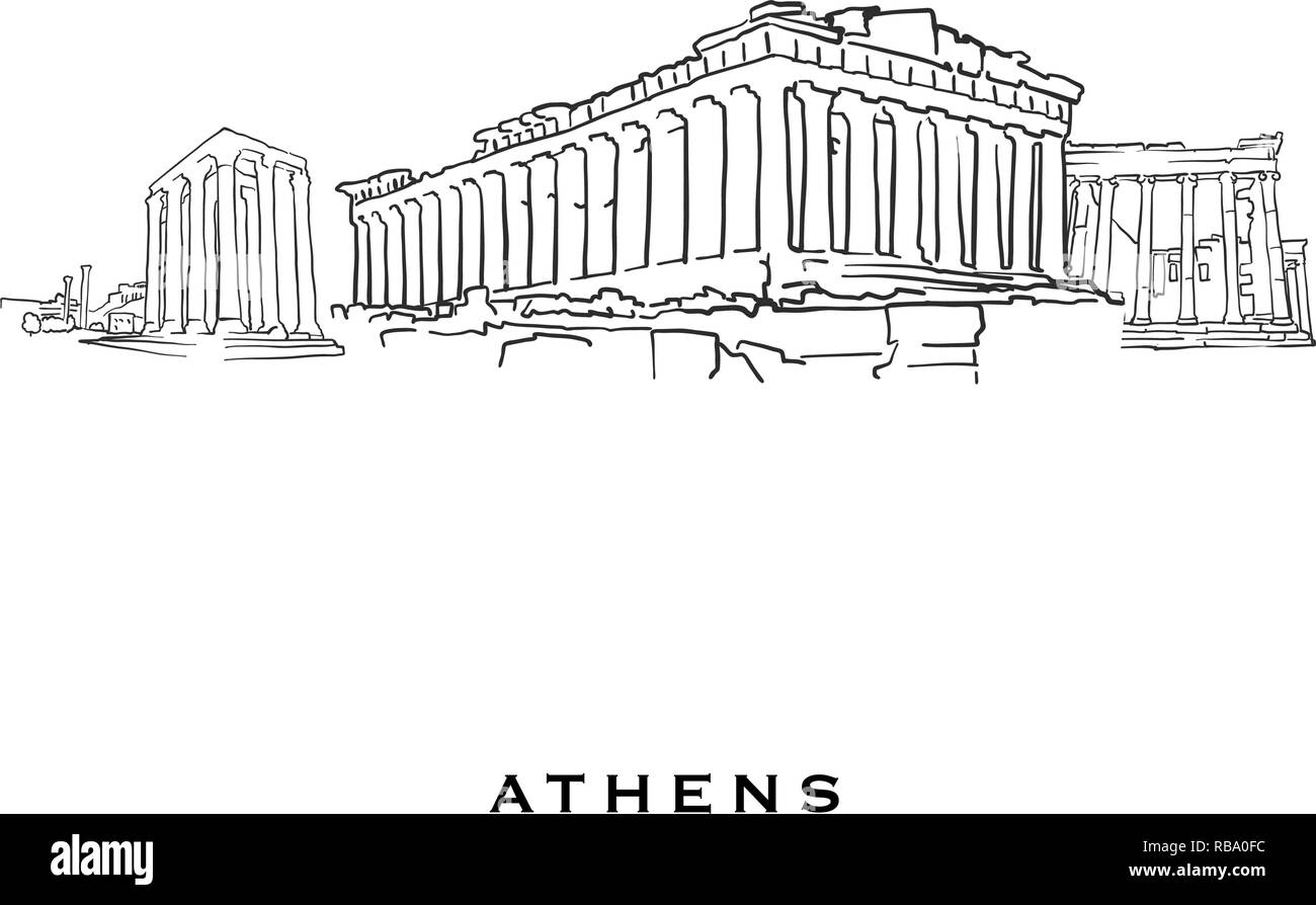 Athènes Grèce célèbre l'architecture. Croquis vecteur décrit séparés sur fond blanc. Dessins d'architecture de toutes les capitales européennes. Illustration de Vecteur