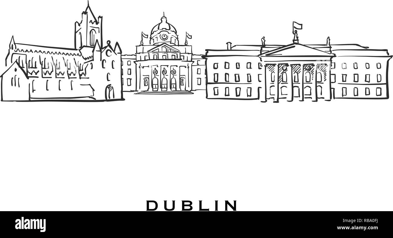 Irlande Dublin célèbre l'architecture. Croquis vecteur décrit séparés sur fond blanc. Dessins d'architecture de toutes les capitales européennes. Illustration de Vecteur
