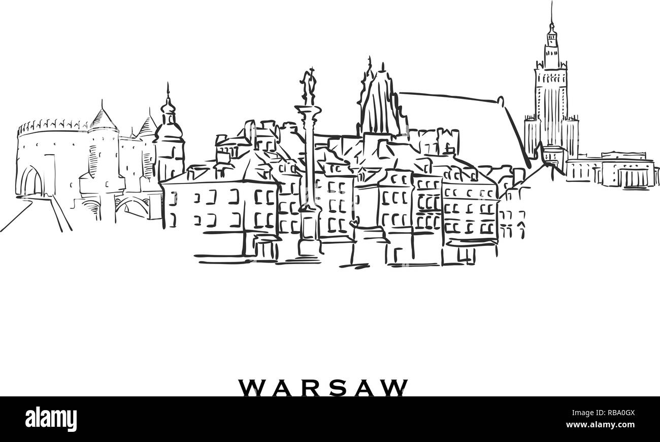 Pologne Varsovie célèbre architecture.décrit croquis vecteur séparés sur fond blanc. Dessins d'architecture de toutes les capitales européennes. Illustration de Vecteur