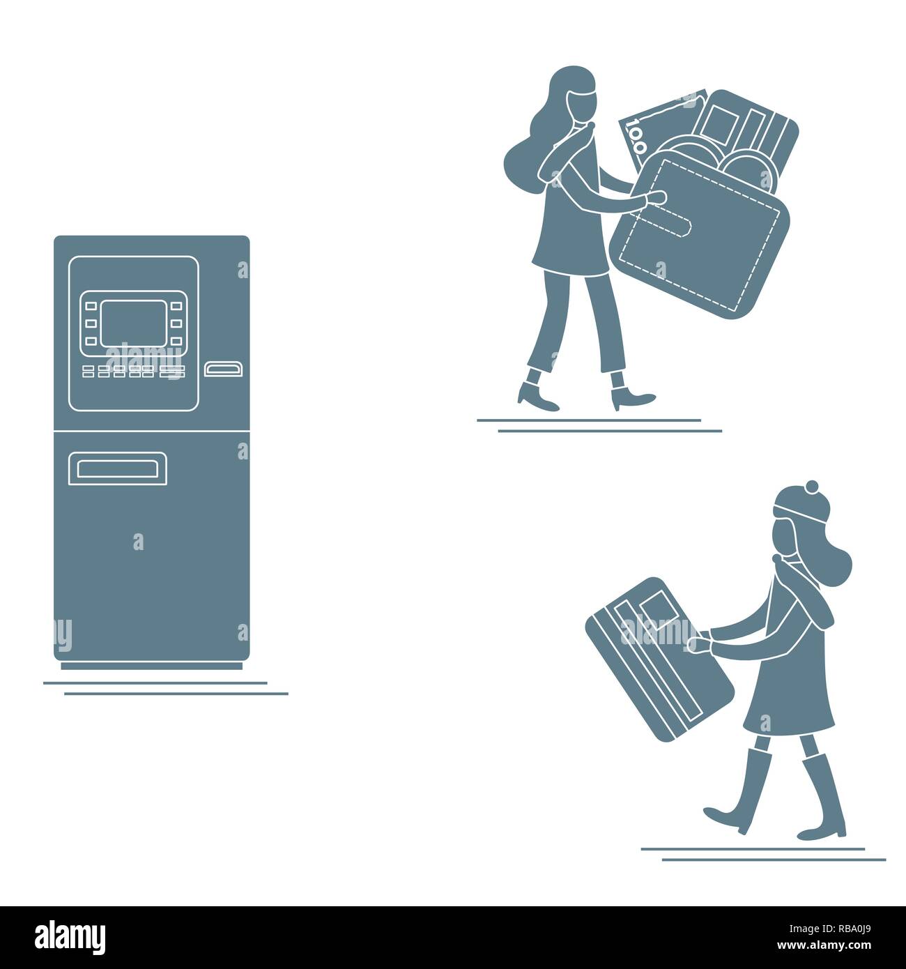 Vector illustration avec deux filles utilisent ATM services. Carte bancaire, porte-monnaie, billet, monnaie. La gestion des finances personnelles. Pour la conception d'affiches, bannières ou prin Illustration de Vecteur