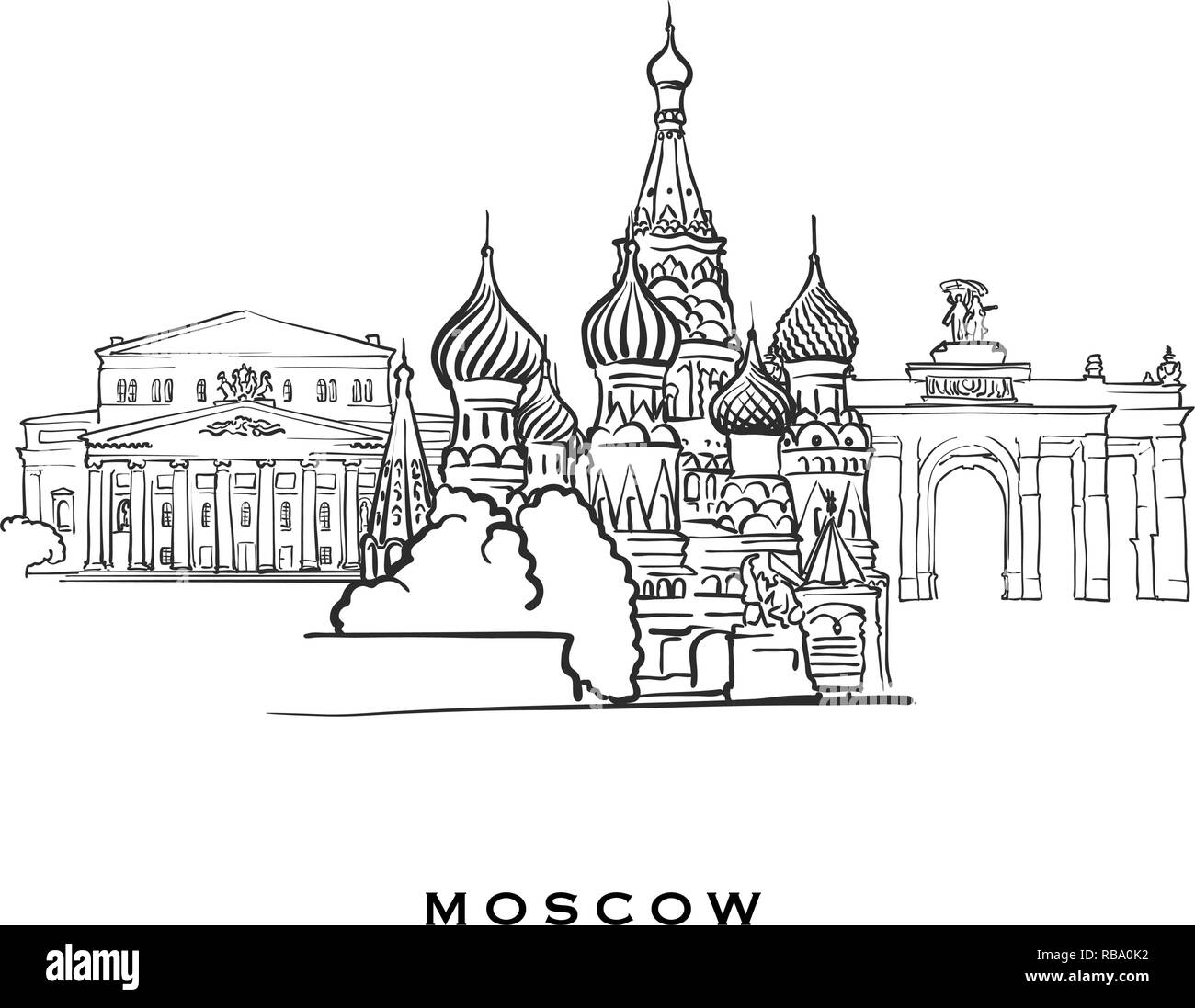 Moscou La Russie célèbre l'architecture. Croquis vecteur décrit séparés sur fond blanc. Dessins d'architecture de toutes les capitales européennes. Illustration de Vecteur