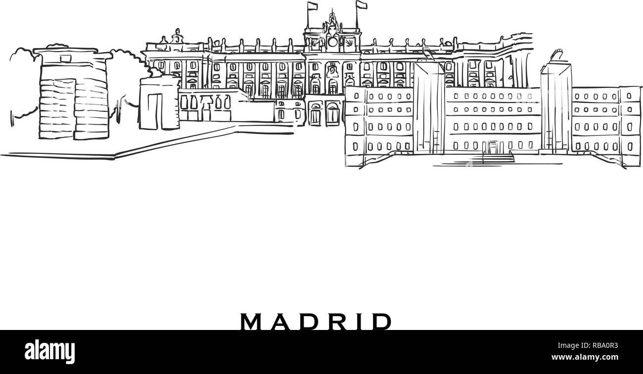 Espagne Madrid célèbre l'architecture. Croquis vecteur décrit séparés sur fond blanc. Dessins d'architecture de toutes les capitales européennes. Illustration de Vecteur