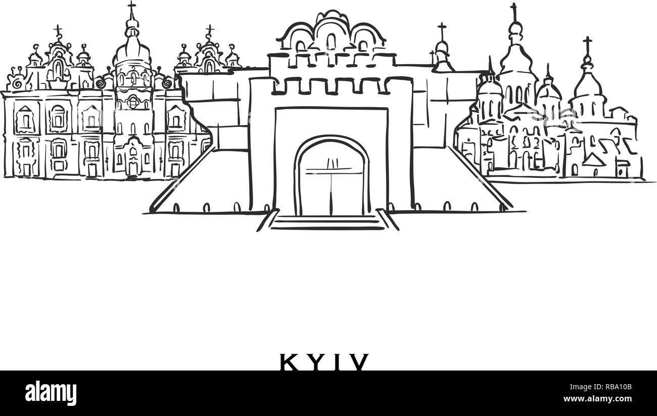 Kyiv Ukraine célèbre l'architecture. Croquis vecteur décrit séparés sur fond blanc. Dessins d'architecture de toutes les capitales européennes. Illustration de Vecteur