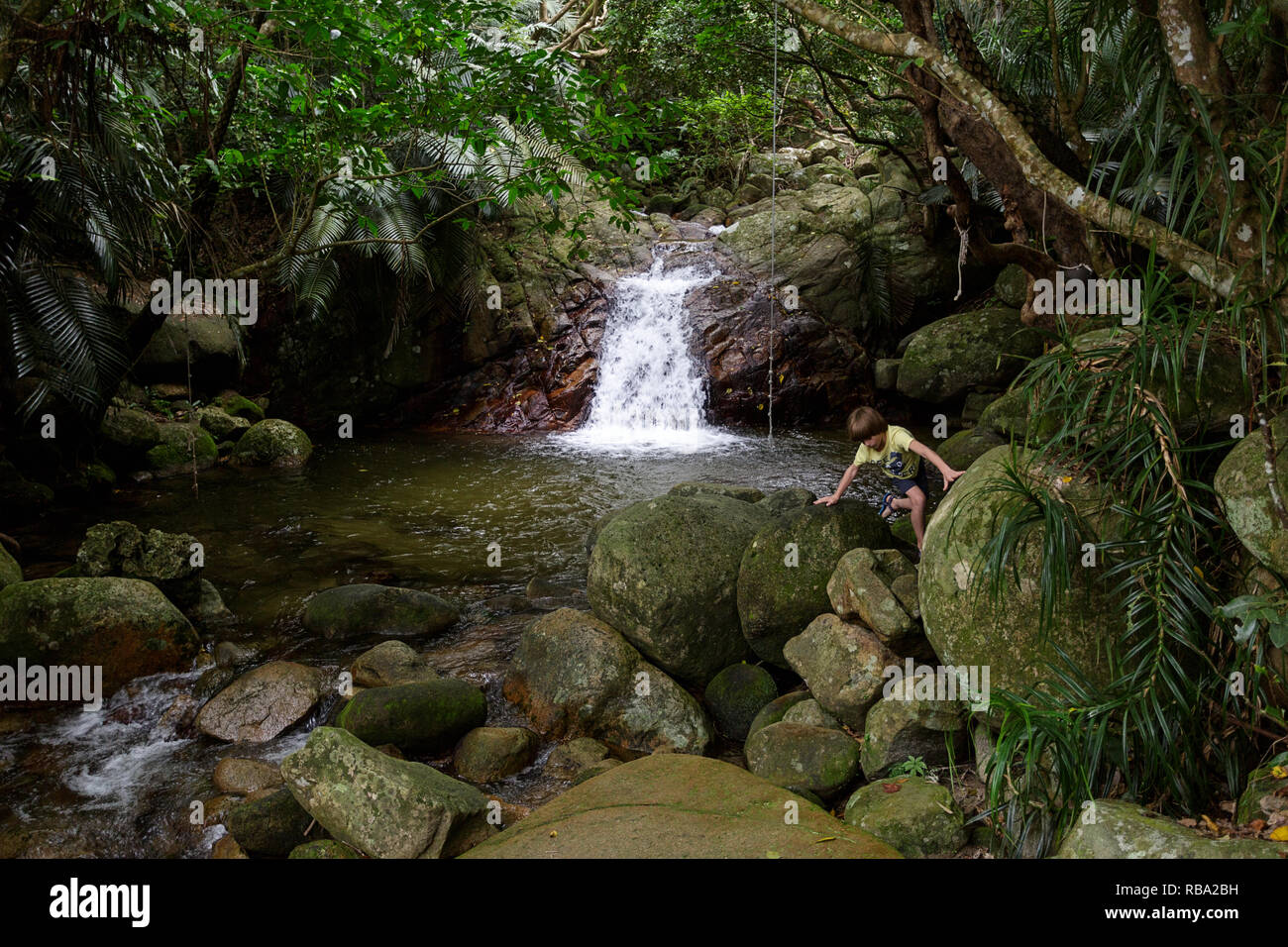 Jeune garçon d'escalade sur les rochers tandis que stream trekking en forêt tropicale à Arakawa falls, Ishigaki, Japon Banque D'Images