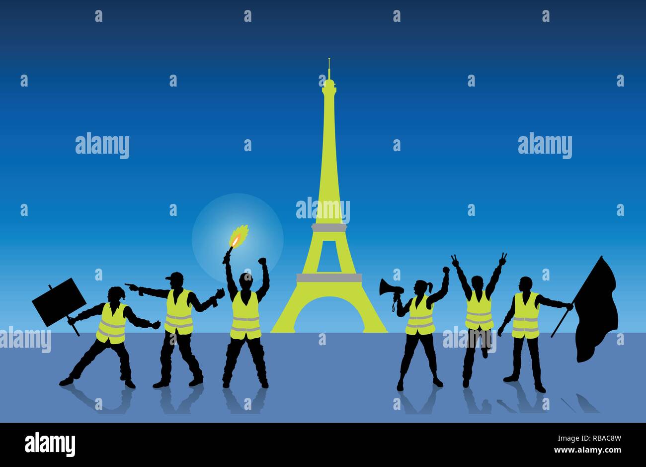 Jaune manifestation à Paris France en face de la Tour Eiffel. Tous les objets, les ombres et l'arrière-plan sont dans des couches différentes. Illustration de Vecteur