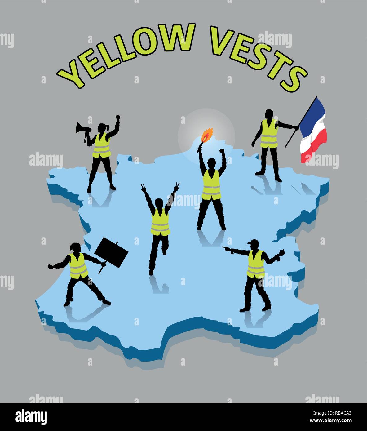 Gilets jaunes silhouettes ower France mouvement 3D de la carte. Tous les objets, les ombres et l'arrière-plan sont dans des couches différentes. Illustration de Vecteur