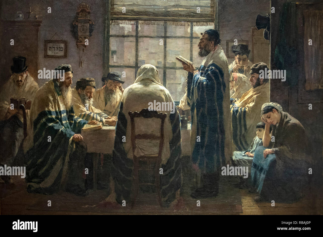 Les Pays-Bas, Amsterdam, quartier culturel juif. Musée historique juif. Peinture de gens prier à la maison. Banque D'Images