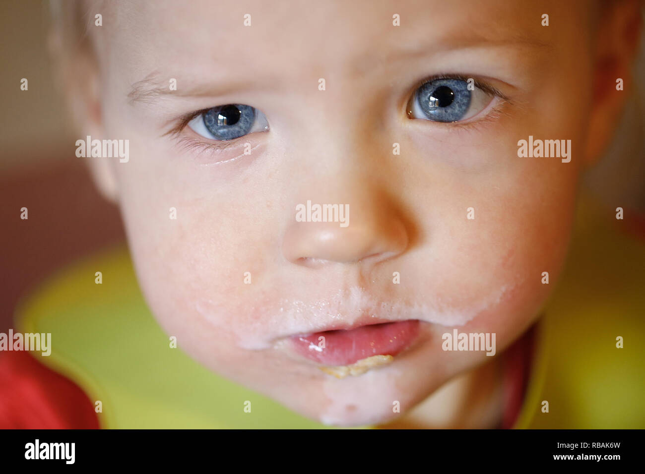 Tout-petit avec moustache de lait de manger de façon autonome, de faire un gâchis. Le développement de la petite enfance, des étapes et des progrès, de l'expérience Banque D'Images