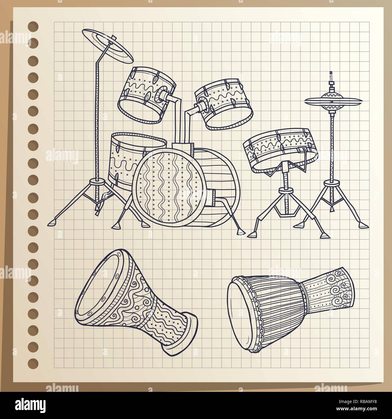 Instruments de musique. Jeu de batterie. La percussion. Vector illustration. Illustration de Vecteur