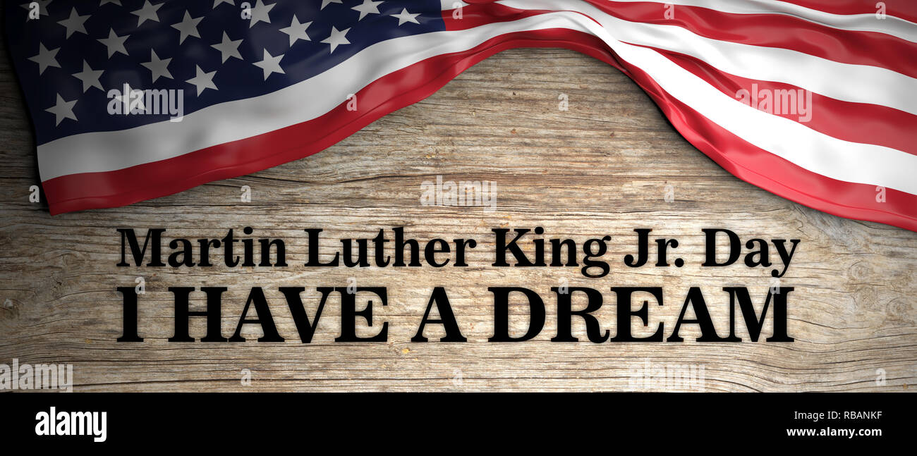 Martin Luther King Jr 24, j'ai un rêve citation. États-unis d'Amérique d'un drapeau et d'un texte sur fond de bois. 3d illustration Banque D'Images