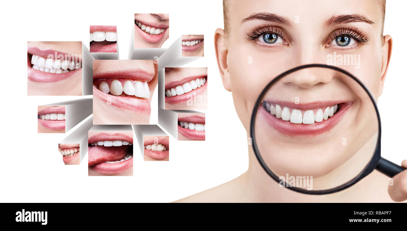 Jeune femme près de collage avec la santé des dents. Sur fond blanc. Banque D'Images