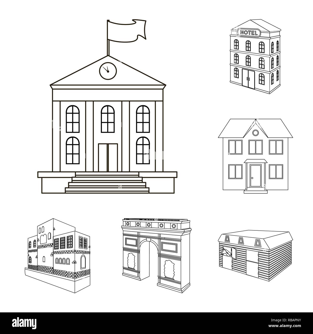 Hut,château,retro,logement,architecture,style,prix,office tourisme,ferme,,bâtiment,triomphale,ville,chambre,business,scolaire,hotel,boutique,théâtre,design,musée,set,icône,,illustration,collection,isolé,graphique,élément,signer,ligne,contour, vecteurs vecteur , Illustration de Vecteur