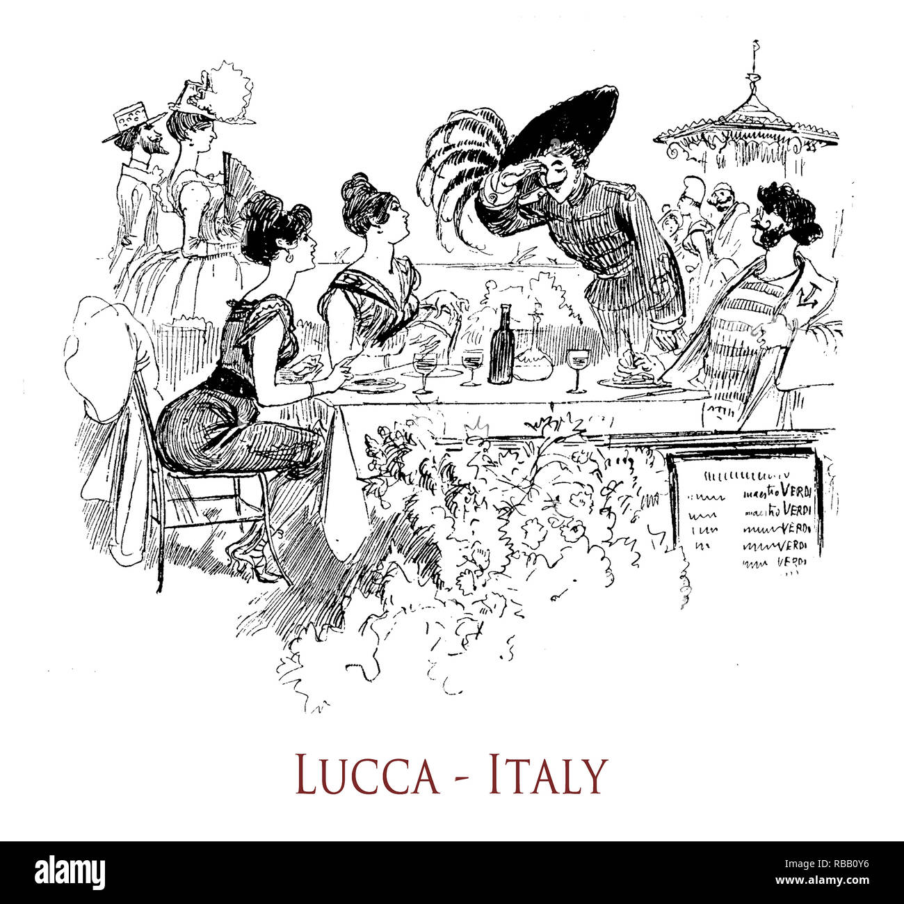 Vintage De L Humour Et Du Plaisir Les Vacances D Ete Sur La Mer A Lucca Riviera Italienne Les Gens A La Mode De La Table Accueillis Par Un Italien Bersagliere La