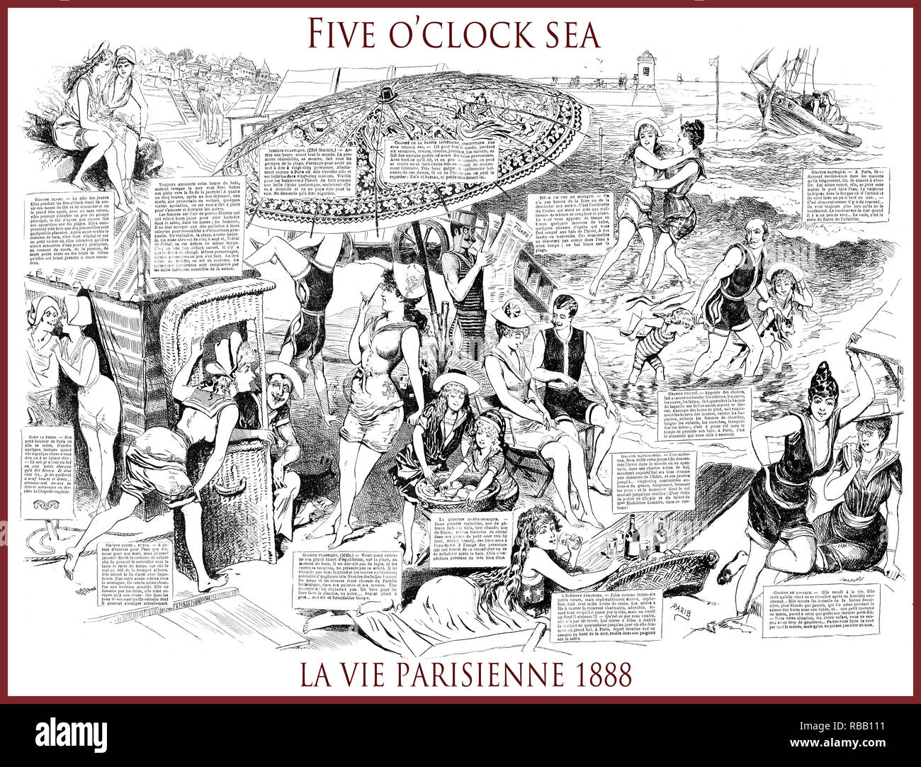 Magazine satirique français La vie Parisienne 1888, central page:5 heures, la mer vacances d'été sur une plage anglaise : Mesdames,flirt, la mode,l'humour, caricatures, portraits Banque D'Images