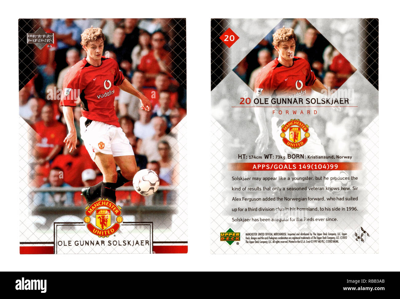 L'avant et l'arrière d'un pont supérieur football player card à partir de 2002 avec Ole Gunnar Solskjaer jouer pour Manchester United Banque D'Images