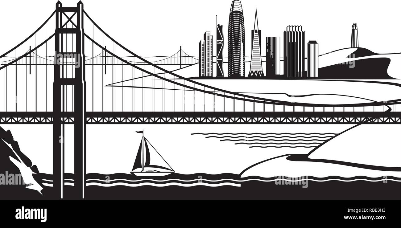 Vue sur San Francisco depuis le Golden Gate Bridge - vector illustration Illustration de Vecteur