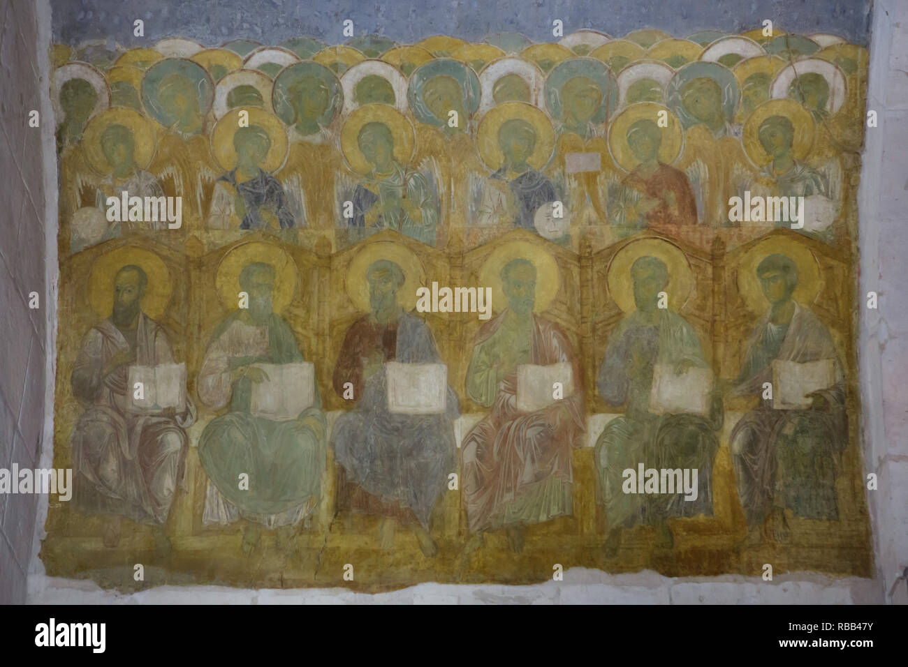 Jugement dernier représenté dans la fresque médiévale Byzantine datée d'environ 1195, dans la Cathédrale de Saint Demetrius à Vladimir, Russie. Banque D'Images