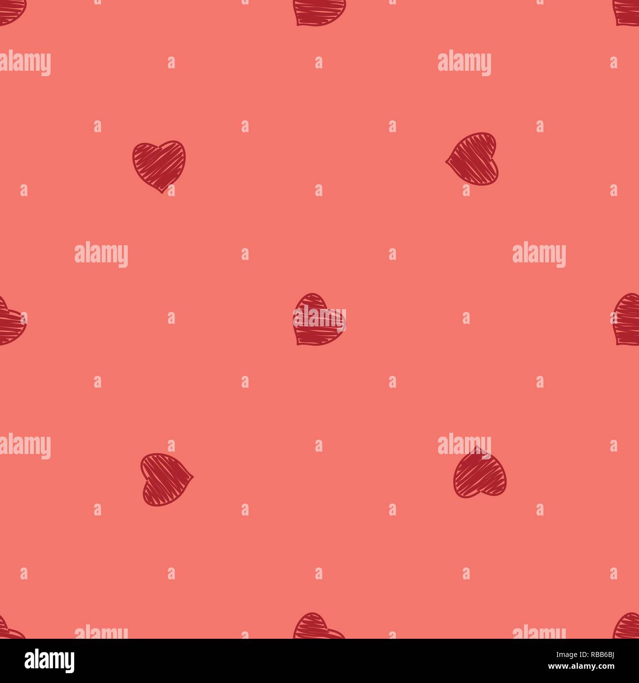 Coeur rouge dispersés dans des formes style dessiné à la main sur un fond de couleur corail. Illustration de Vecteur