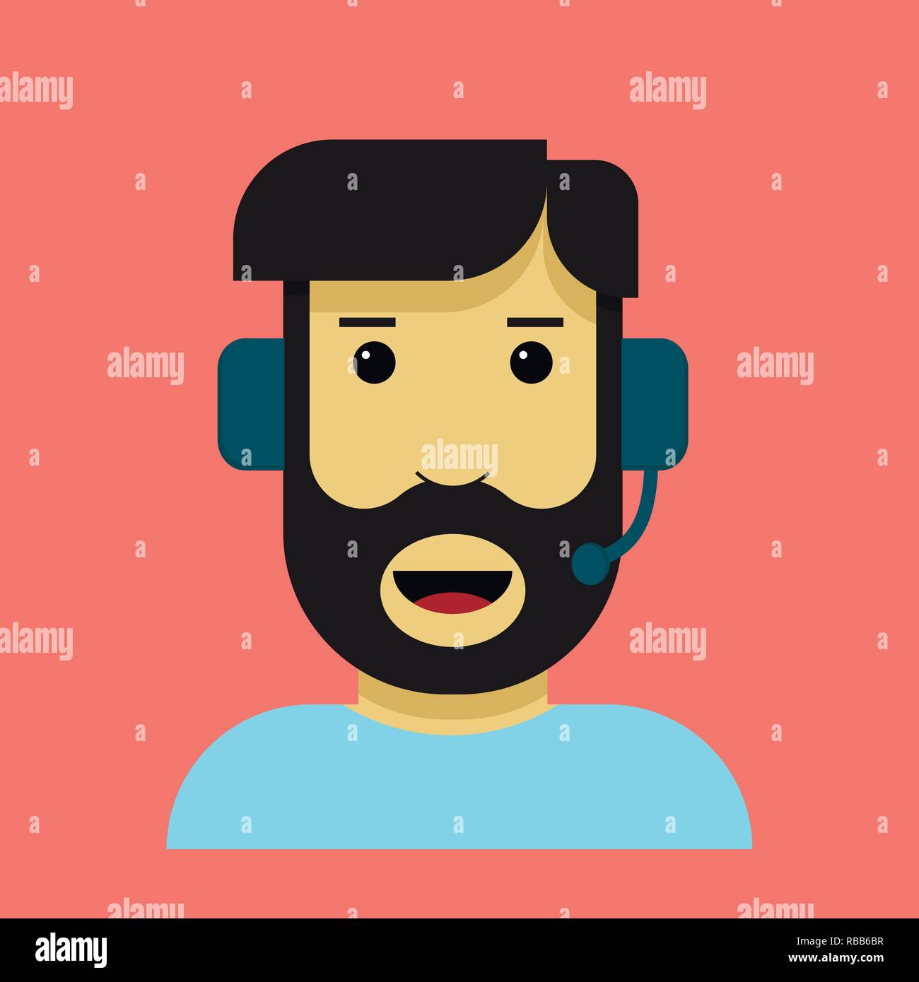Style hippie homme avec barbe de parler à un client dans un casque. Illustration de Vecteur