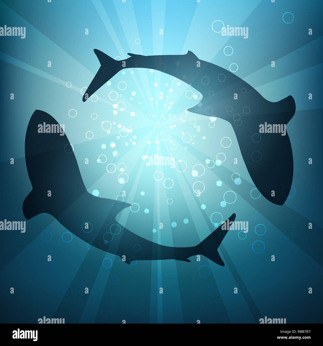 Deux gros requins sont encerclant sous l'eau, illuminé par la lumière du soleil et rayons. Vector Illustration Illustration de Vecteur