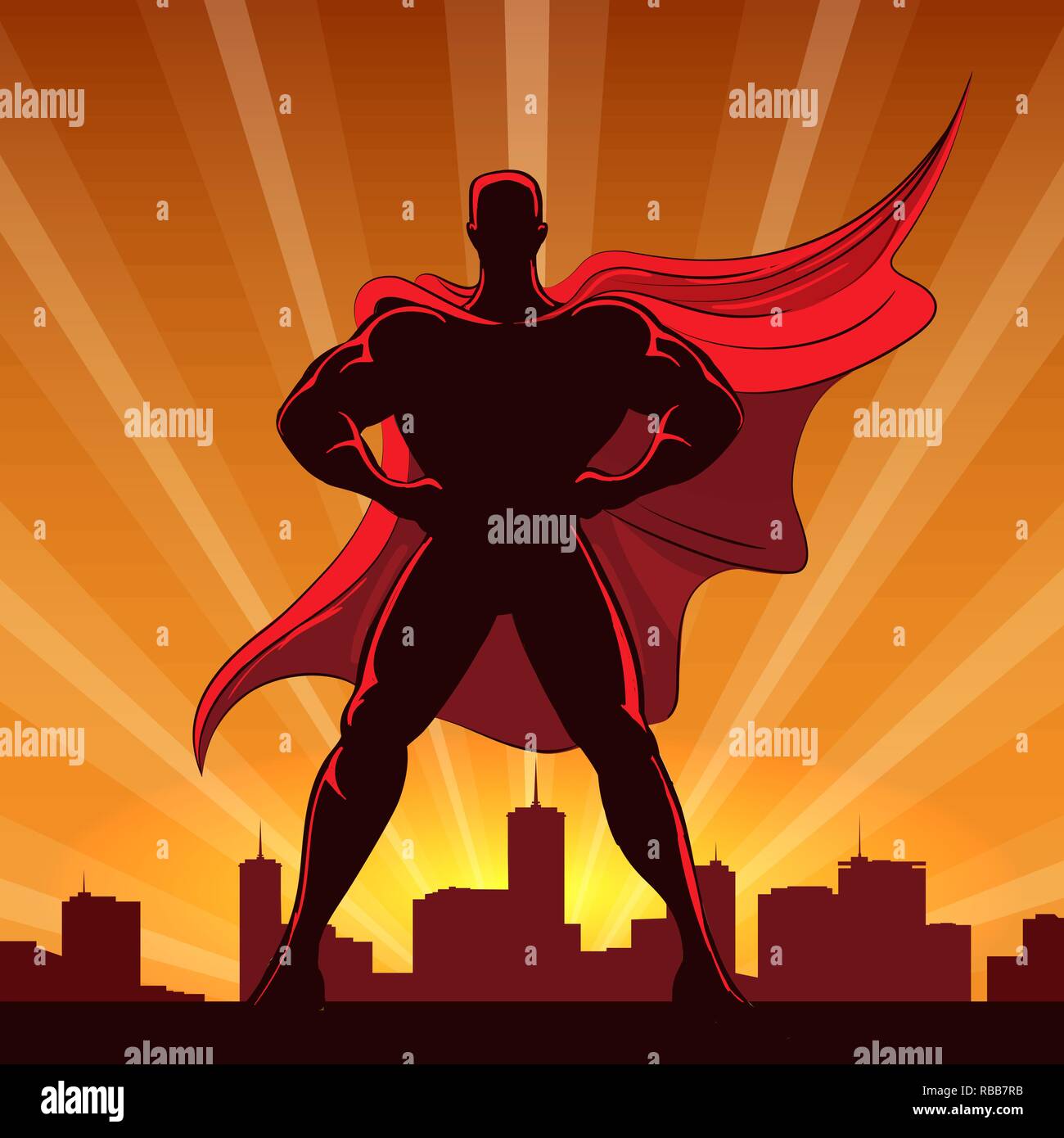 Silhouette d'un super héros en bonnet rouge debout sur le bord d'un bâtiment au coucher du soleil. Vector Illustration. Illustration de Vecteur