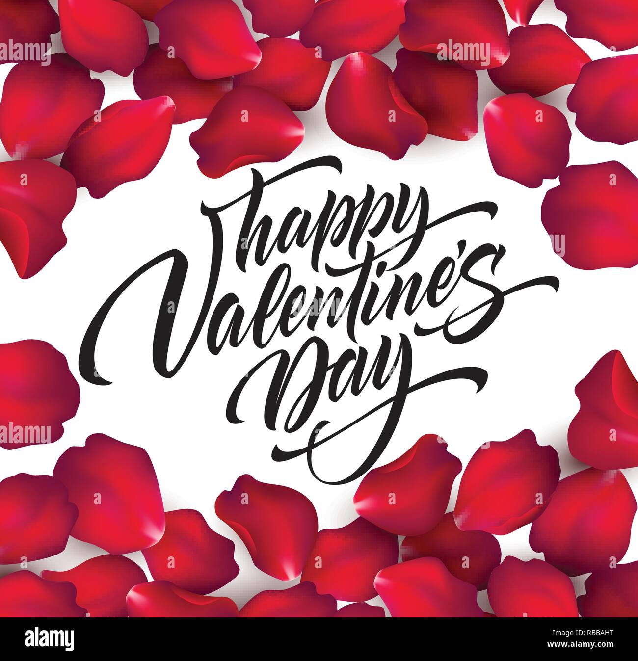 Happy Valentines Day part lettrage, calligraphie moderne, sur des pétales de rose belle couleur arrière-plan. Vector illustration Illustration de Vecteur
