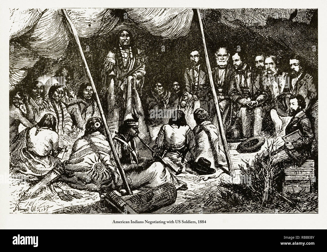 Négocier avec les soldats américains, les Indiens d'Amérique gravure, 1884 Banque D'Images