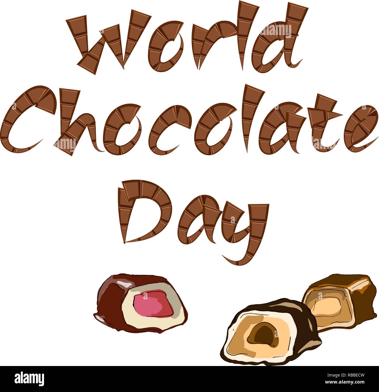 Journée mondial du chocolat avec du texte à partir d'arrière-plan avec des barres de chocolat et morceaux de chocolats. Vector illustration Illustration de Vecteur