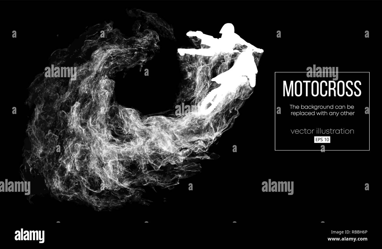 Abstract silhouette d'un cavalier de motocross sur fond noir foncé à partir de particules, poussières, fumée, vapeur. Motocross rider saut et effectue un tour. Arrière-plan peut être modifié à n'importe quel autre. Vector Illustration de Vecteur