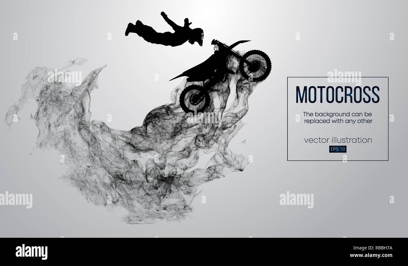 Abstract silhouette d'un pilote de motocross sur fond blanc à partir de particules, poussières, fumée, vapeur. Motocross rider saut et effectue un tour. Arrière-plan peut être modifié à n'importe quel autre. Vector Illustration de Vecteur