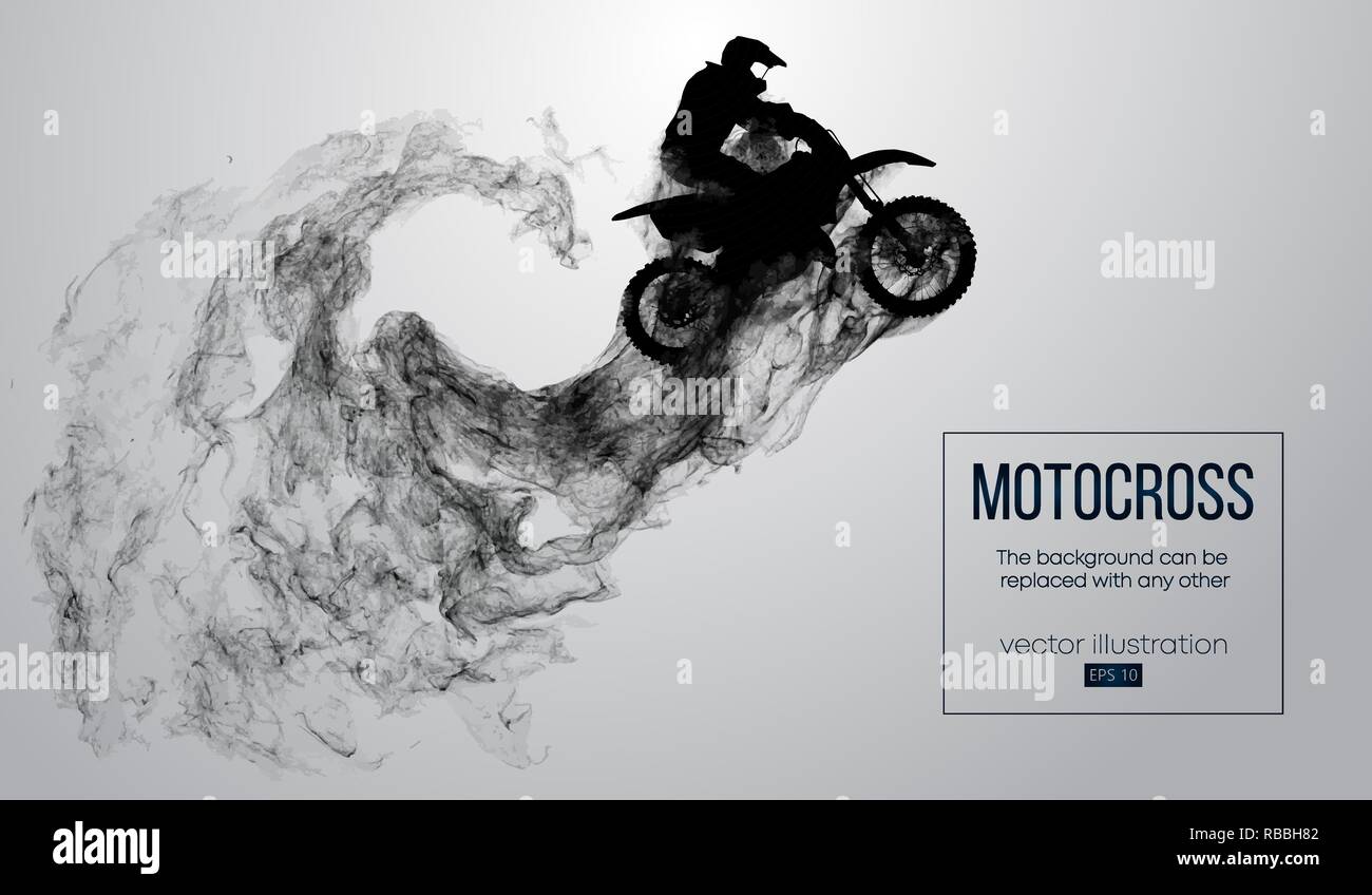 Abstract silhouette d'un pilote de motocross sur fond blanc à partir de particules, poussières, fumée, vapeur. Motocross rider saut et effectue un tour. Arrière-plan peut être modifié à n'importe quel autre. Vector Illustration de Vecteur