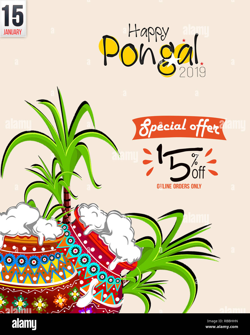 Illustration de l'Heureux Pongal festival of Tamil Nadu Inde Généralités avec du riz dans un pot de boue, Banque D'Images