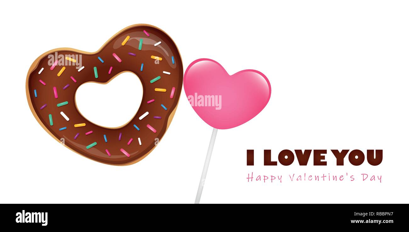 En forme de coeur sweet donut avec sucette et sprinkles valentines day Greeting card vector illustration EPS10 Illustration de Vecteur