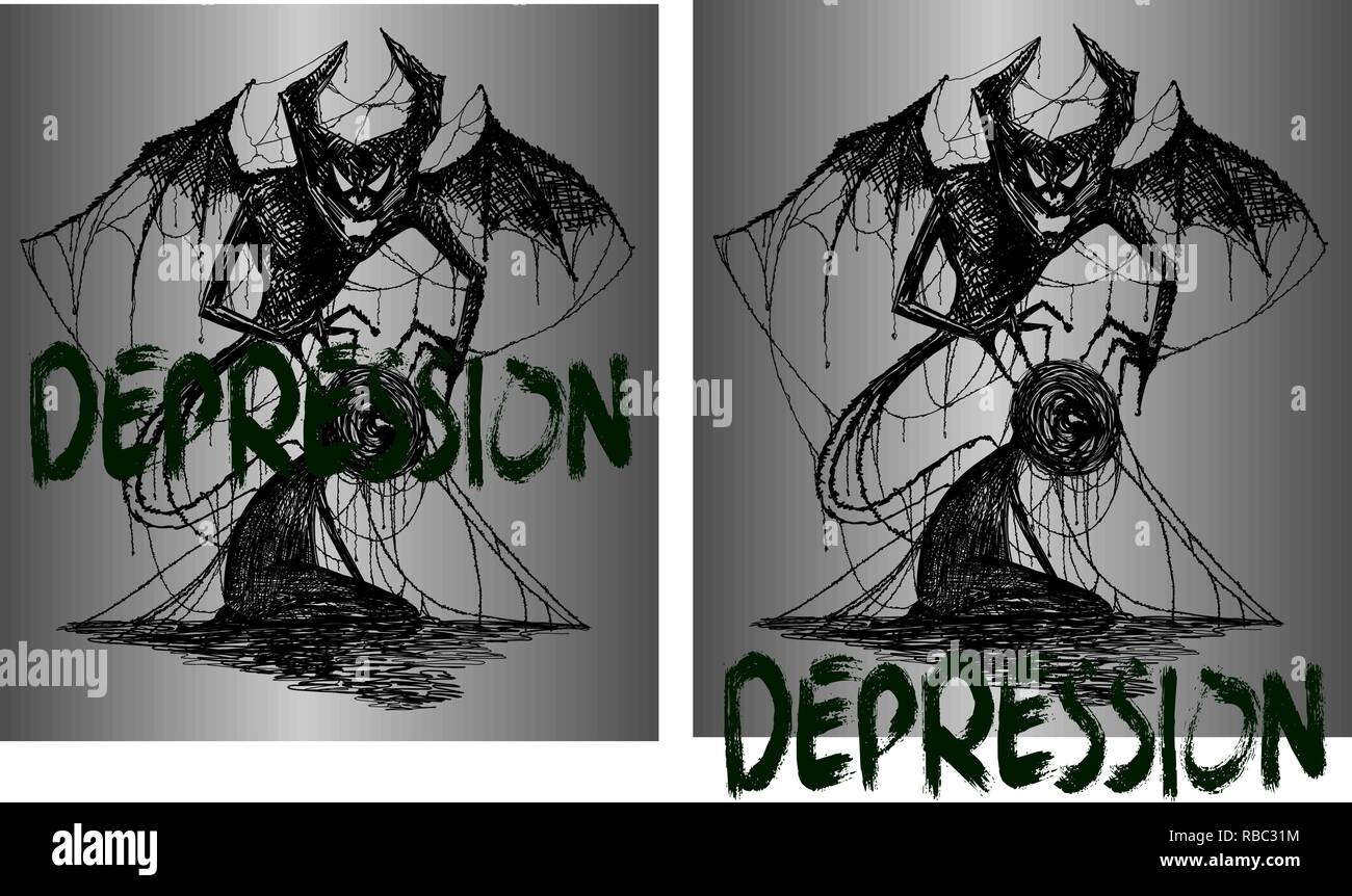 L'illustration pour tatouage ou t-shirts démon et un homme empêtré dans la dépression Illustration de Vecteur