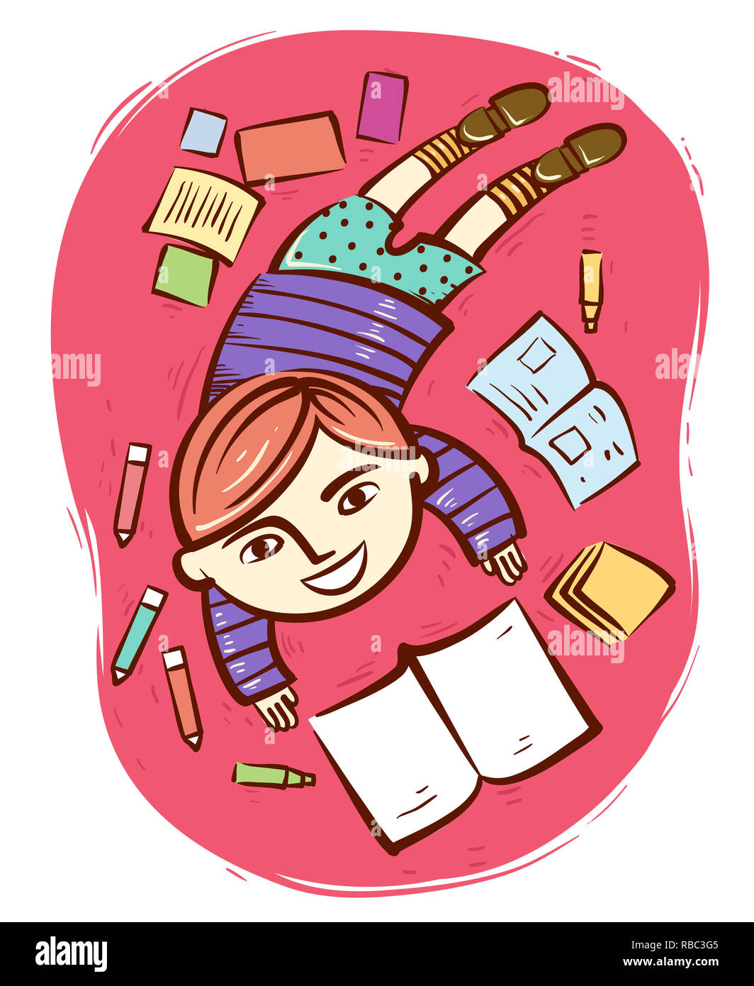Illustration d'un enfant garçon lisant un livre avec des marqueurs et des Notes qui traînent Banque D'Images
