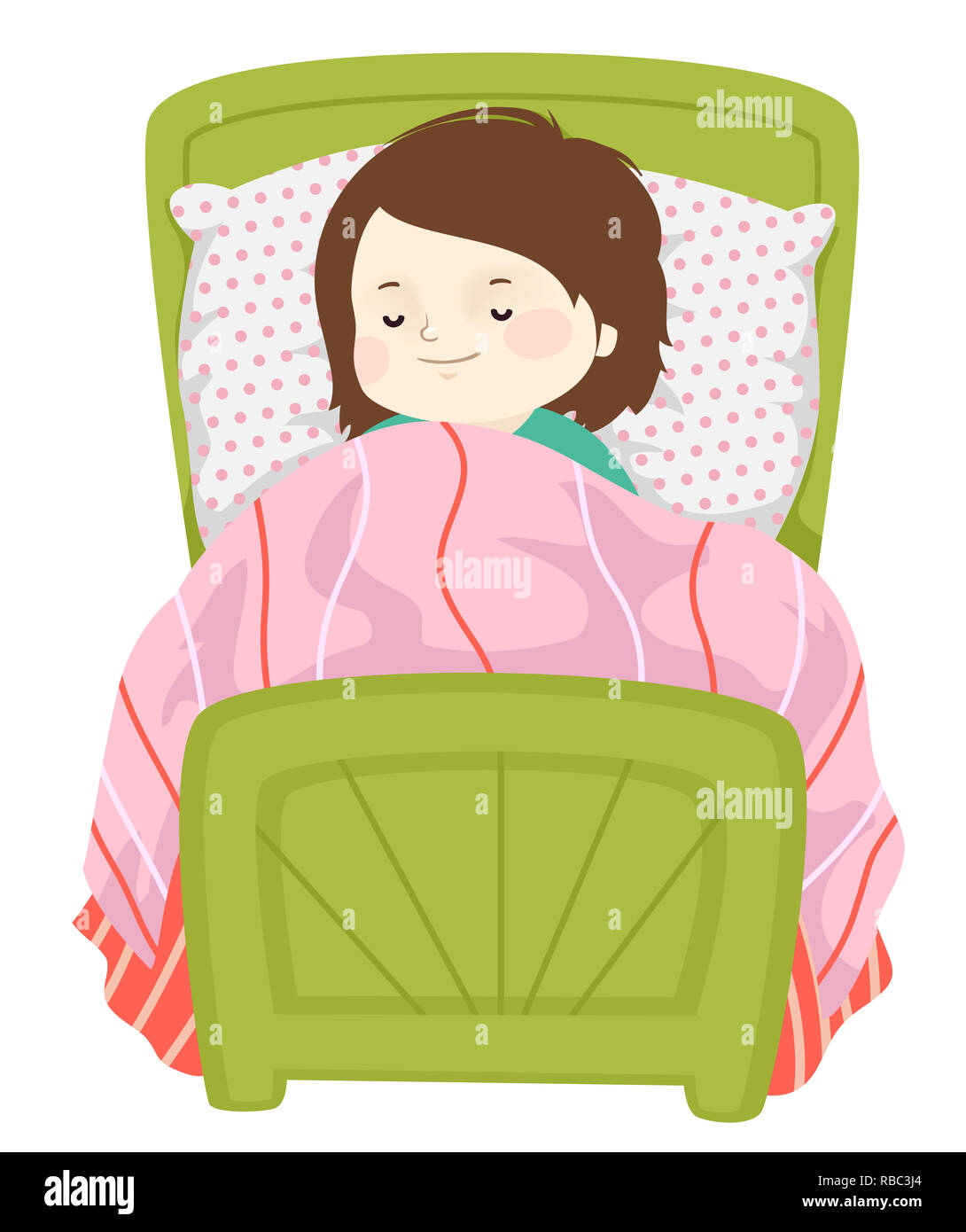 Illustration d'un Kid Girl Sleeping heureusement sur son lit Banque D'Images