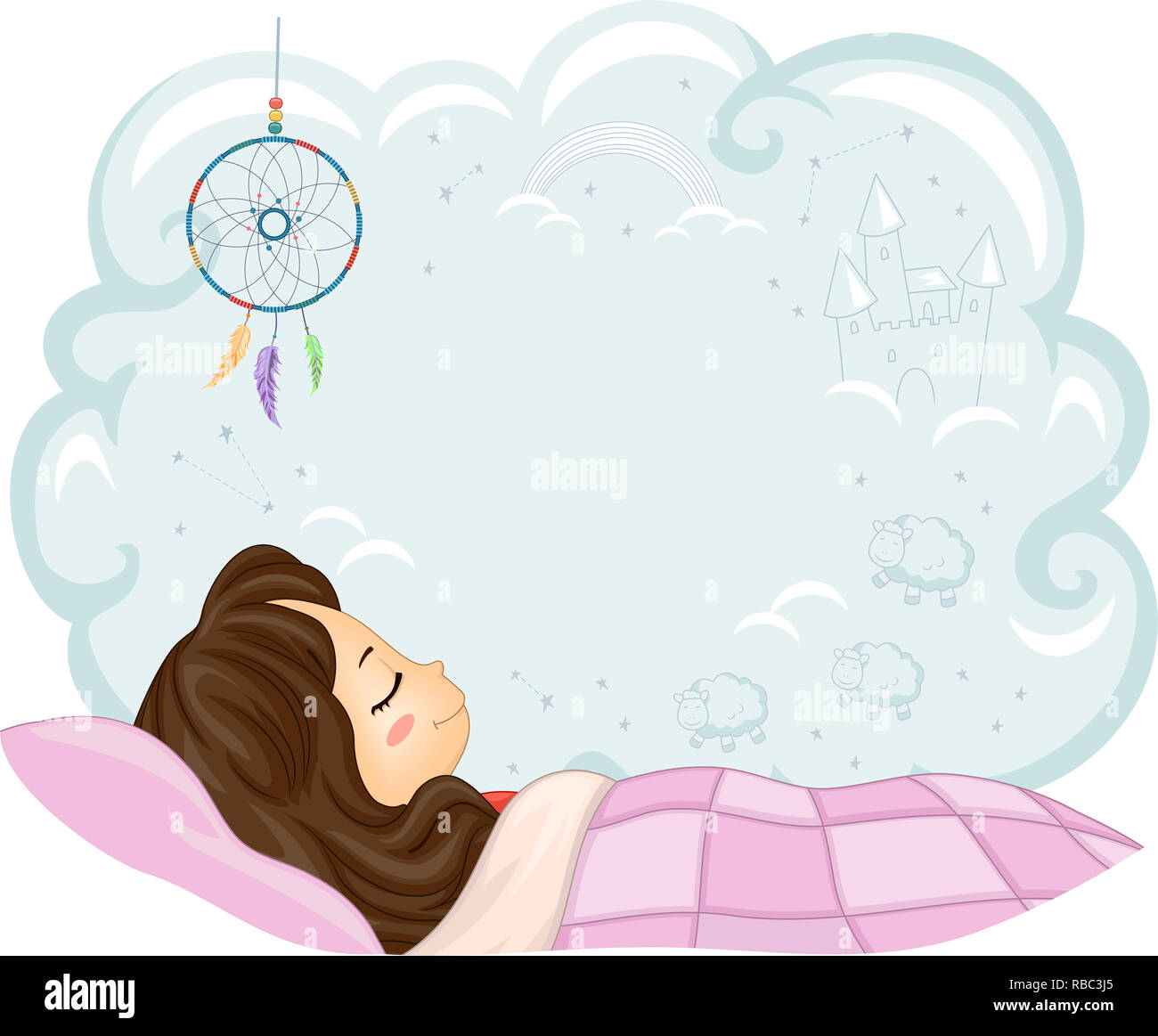 Illustration d'un enfant fille dormir sur son lit avec un Dream Catcher et un nuage avec un espace réservé au texte Banque D'Images