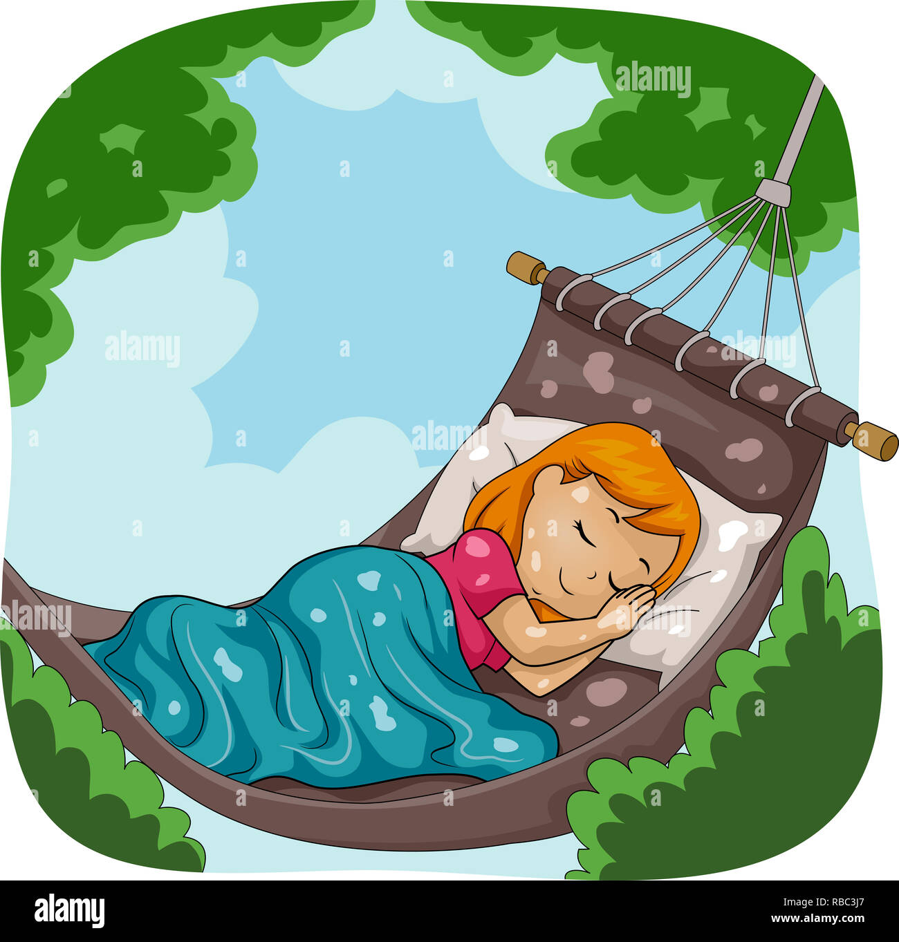 Illustration d'un enfant fille dormir à l'extérieur dans le jardin dans un hamac Banque D'Images