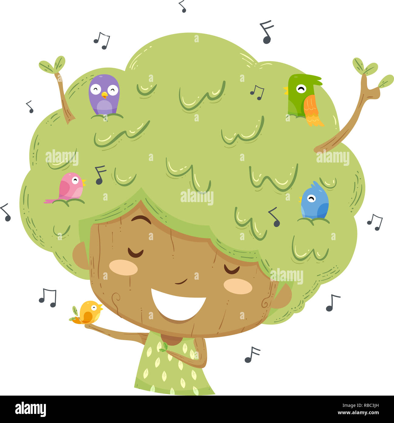 Illustration d'un enfant Fille Arbre avec des notes de musique et chanter avec les oiseaux Banque D'Images