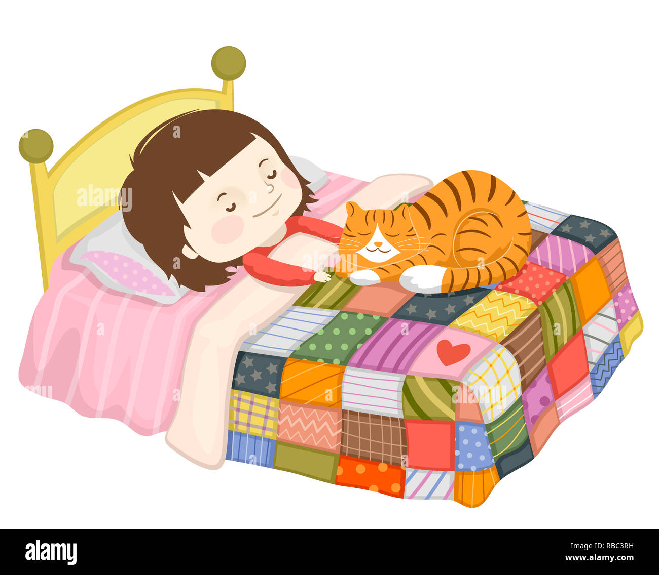 Illustration d'un Kid Girl Sleeping on bed with Pet Cat Banque D'Images