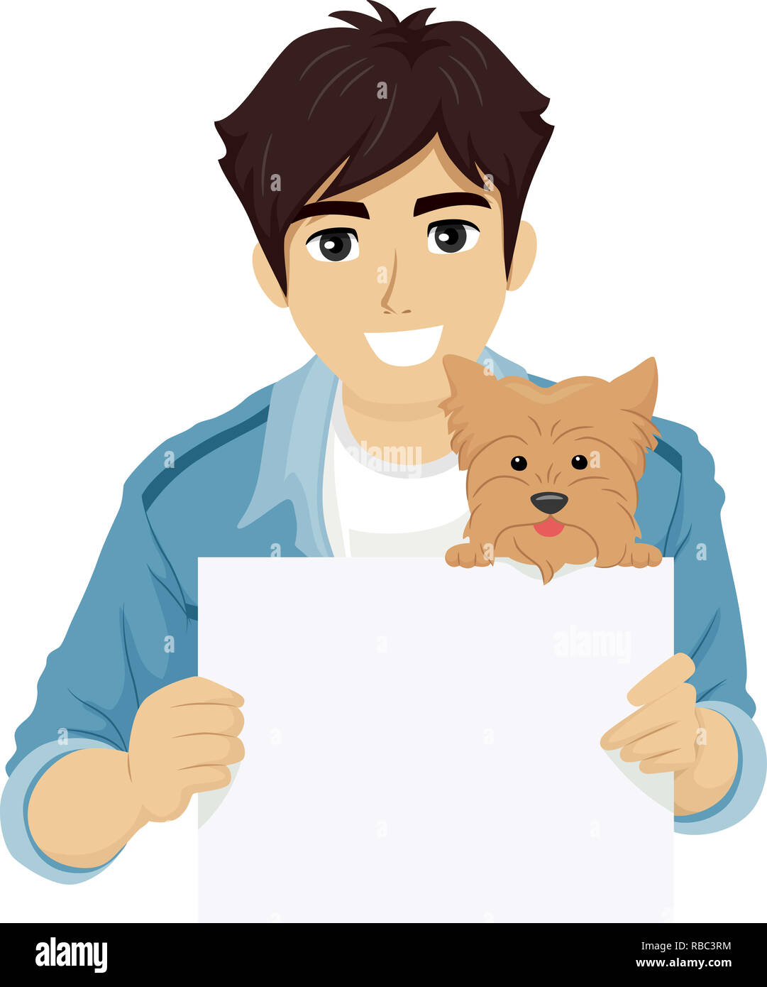 Illustration d'un jeune mec avec chien de compagnie Holding a Blank Sign Board Ventilateur Banque D'Images