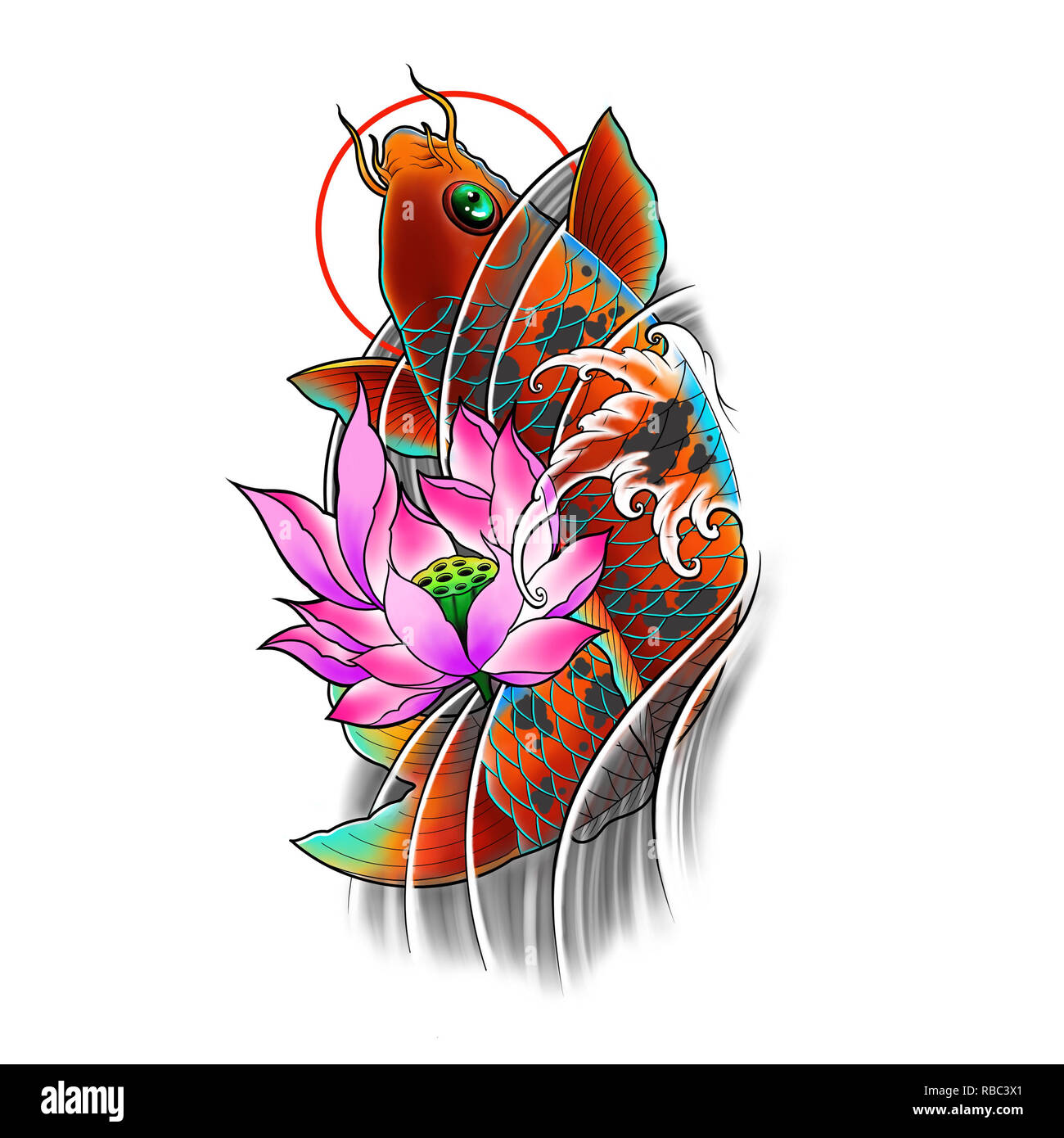 Koi de poissons dessinés à la main avec fleur de lotus et de l'eau vague tattoo design, art digital, peinture, tattoo style tatouage japonais image flash. Banque D'Images
